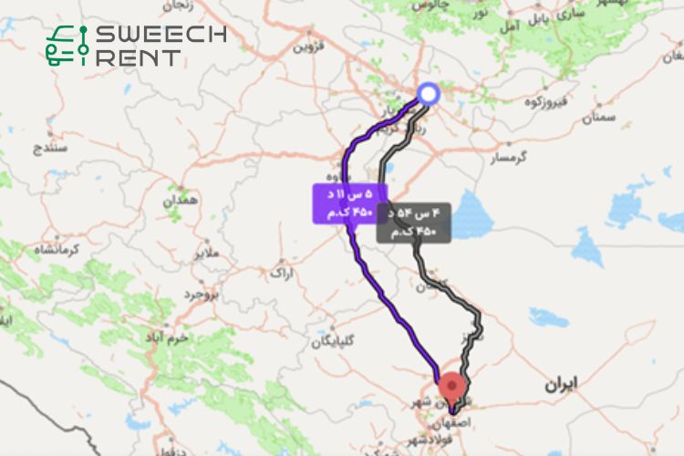 مسیر تهران تا اصفهان روی نقشه