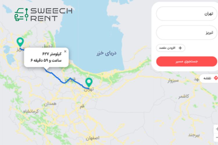فاصله تهران تا تبریز روی نقشه